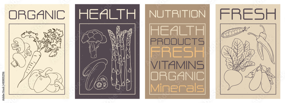 Poster, bag print, kitchen board, menu, kitchen utensils. Fresh food. Purchases . shopping, Health products. Vector graphics.