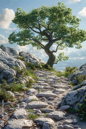 Rocky path leading to a lonely tree on a hilltop overlooking a lake photo