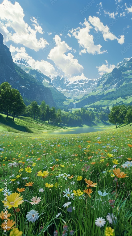 Colorful flowers in a lush green field with snow-capped mountains in the distance
