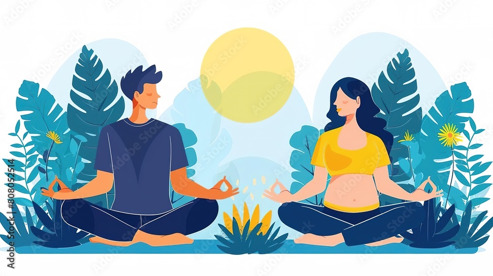 A young man and woman sit in meditation poses, surrounded by nature. The man wears a blue shirt and the woman wears a yellow shirt. The sun shines brightly overhead.