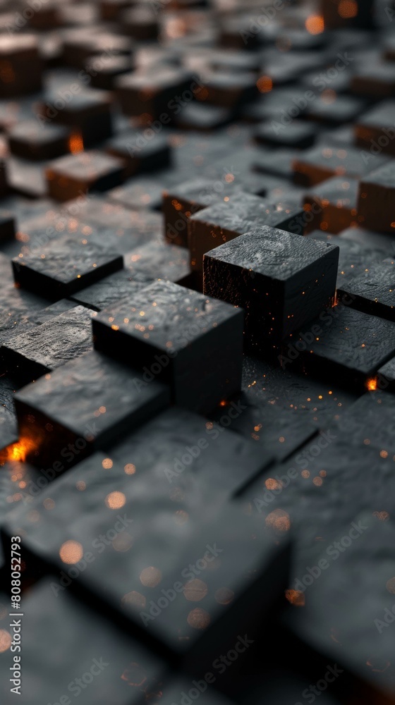 Dark 3D Cubes with Glowing Orange Sparks Dark 3D Cubes with Glowing Orange Sparks