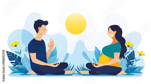 A young couple is meditating in a park. The woman is pregnant and they are both at peace.