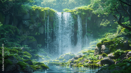 A majestic waterfall cascading down moss-covered rocks  surrounded by lush greenery. 