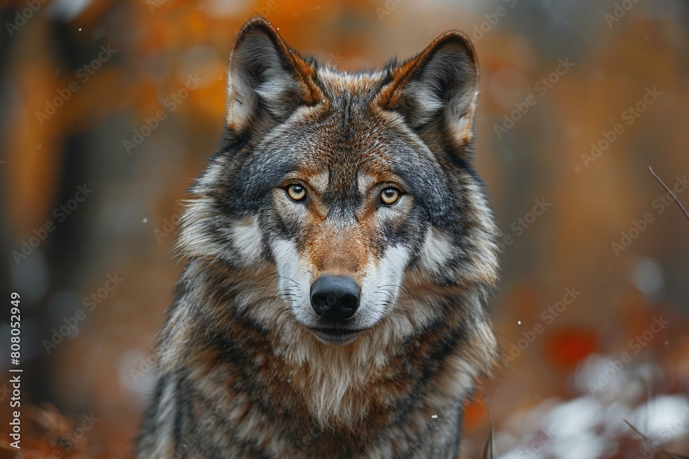 Portrait of a gray wolf in the forest on an autumn day