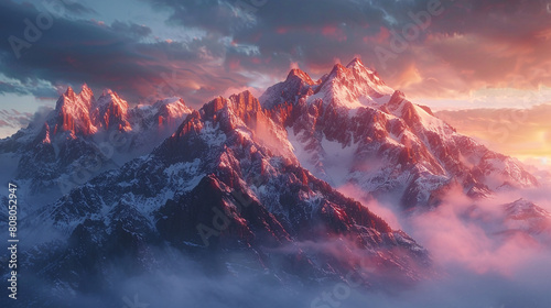 A panoramic vista of rugged mountain peaks, dusted with snow and bathed in the warm glow of sunrise. 