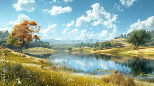 Tranquil Lake in the Valley between High Mountains Surrounded by Trees and Flowers