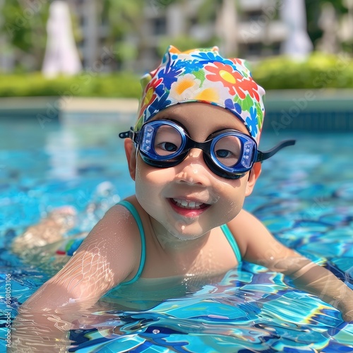 Toddler with a colorful swim cap and goggles receiving swimming lessons in a clear blue pool, emphasizing safety and fun in early asian childhood water activities