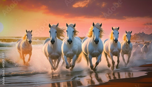 Chevaux blancs en liberté galopant dans la mer.
