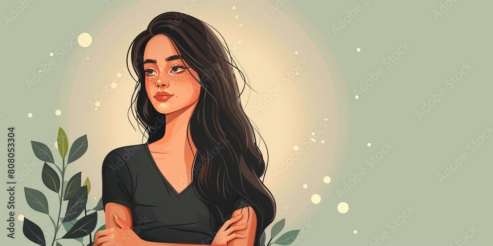 A beautiful young woman with long brown hair and freckles on her face is standing with her arms crossed. A beautiful young woman with long brown hair and freckles on her face is standing with her arms crossed.