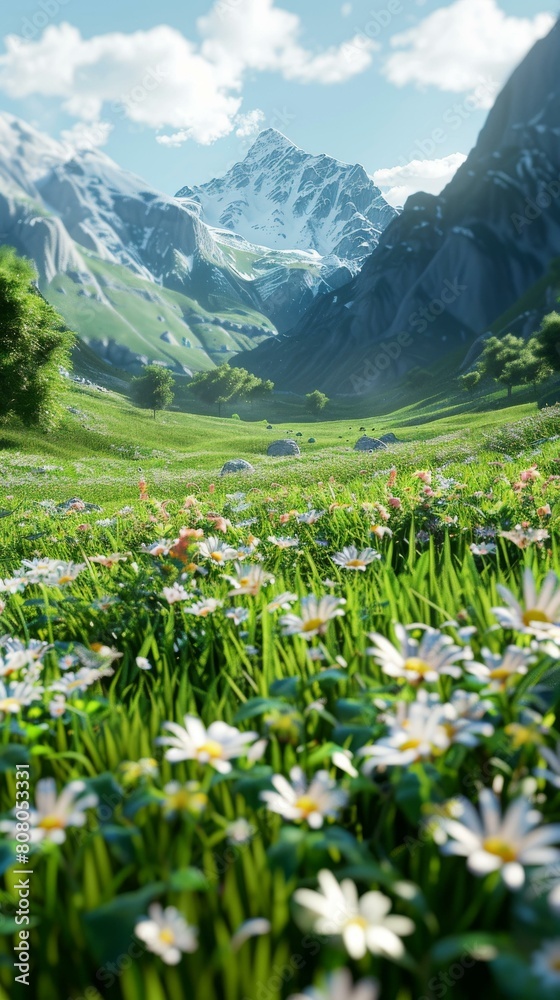 Fototapeta premium Field of flowers with snow-capped mountains in the distance