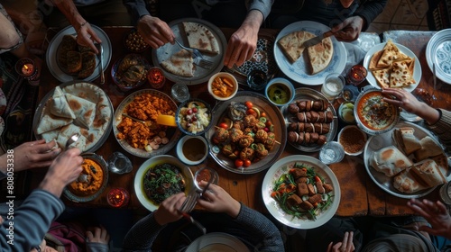 A conceptual photo of a family gathering around a table to enjoy a feast of kababs and assorted Middle Eastern dishes, symbolizing hospitality and communal dining tradition