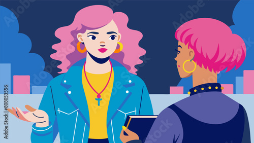 A woman with vibrant pink hair and a custommade denim jacket haggles with a vendor over the price of a unique handmade necklace her street style. Vector illustration
