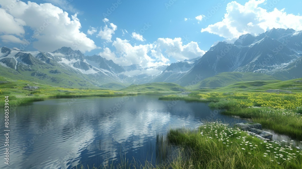 Mountains, lake and green field landscape