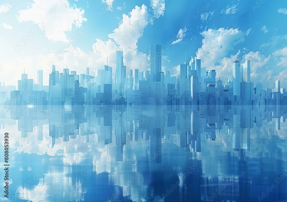 Blue Cityscape with skyscrapers and clouds in 4K