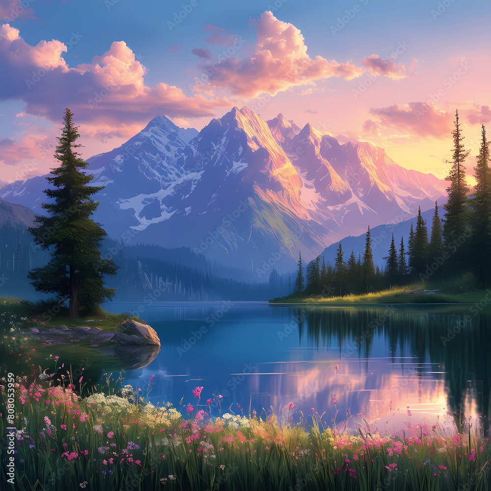 Dawn’s Tranquil Reflection: Mountains, Lake, and Blooms