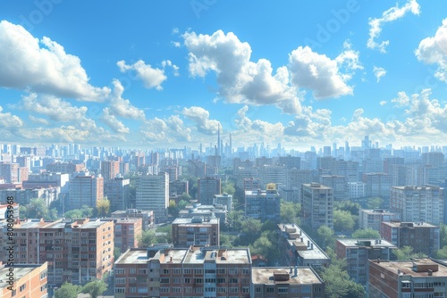 A cityscape with a lot of residential buildings and a blue sky