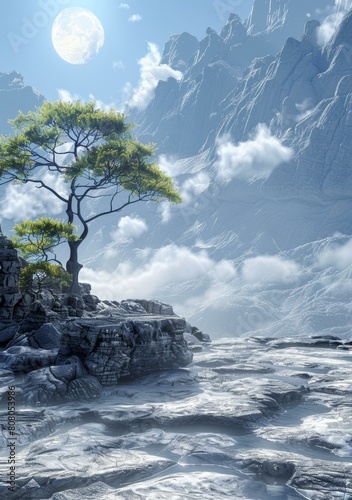 Lonely Tree on a Rocky Outcrop with a Mountain and Moon in the Background