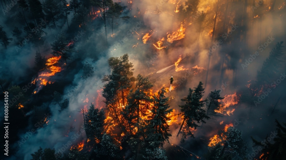 Fototapeta premium Aerial view of firefighters working to contain a raging forest fire, aerial firefighting