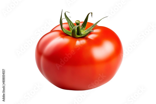 A large, red tomato sits on a white surface