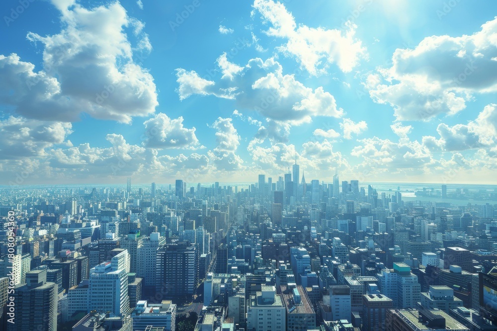 Obraz premium A cityscape image of a large dense city with skyscrapers and a blue sky