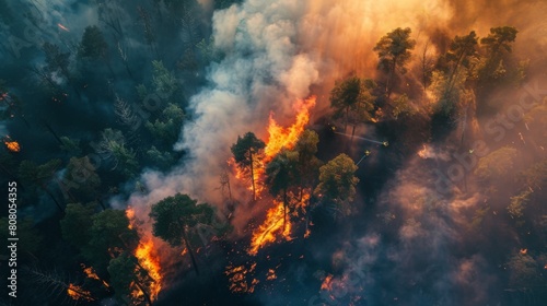Aerial view of firefighters working to contain a raging forest fire, aerial firefighting