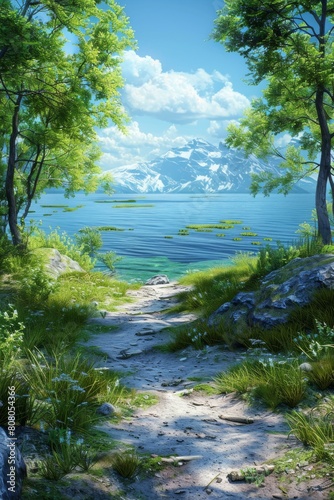 fantasy landscape lake mountains path trees © duyina1990