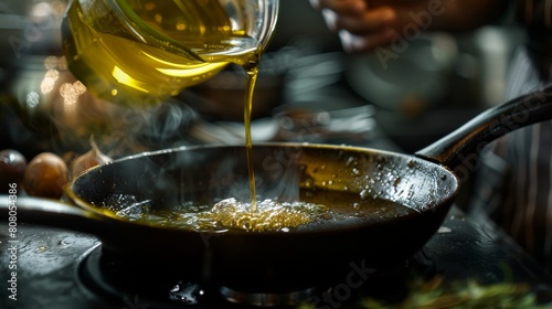 A conceptual photo of a chef pouring olive oil into a skillet for cooking, symbolizing culinary expertise and the use of quality ingredients,