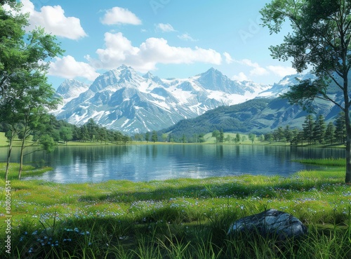 Tranquil mountain lake and lush green field landscape