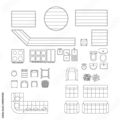 Outline restaurant furniture. Top view icons for cafe layout. Cafe blueprint objects. Pub line drawing. Kitchen industrial scheme elements