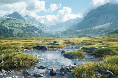 rocks in a river flowing through a valley with mountains in the distance