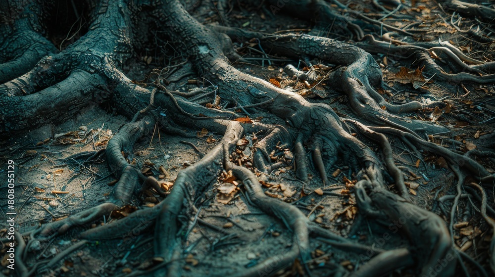 A conceptual abstract photo of tangled roots in a forest floor, with abstract shapes and textures revealing the interconnectedness of life and nature's resilience