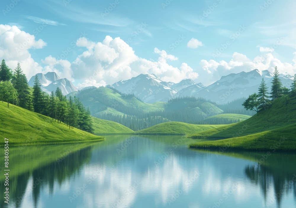 Tranquil mountain lake and rolling green hills landscape
