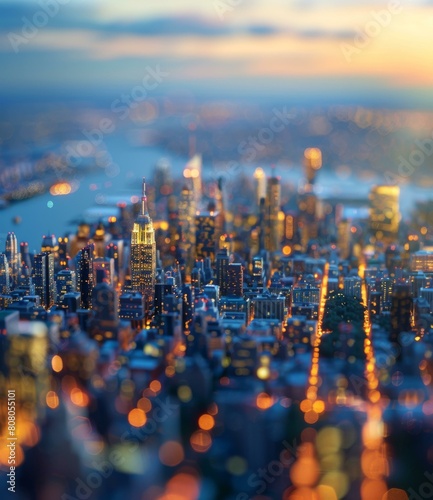 Tilt-shift photography of New York City skyline at sunset