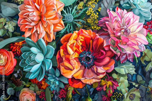 A vibrant painting depicting a bunch of colorful flowers in full bloom  showcasing a diverse array of hues and textures