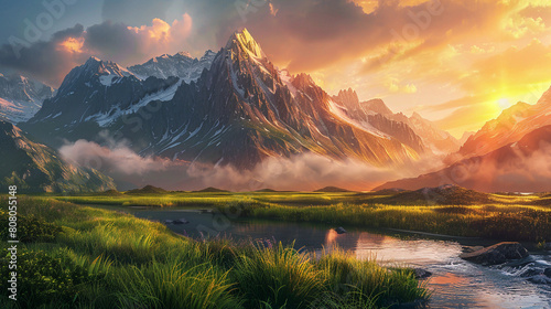 This breathtaking image captures a serene mountain valley at sunrise, featuring majestic peaks, a gently flowing river, and vibrant greenery illuminated by the golden sunrise.