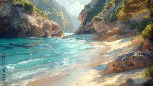 A secluded beach cove hidden by rugged cliffs, its golden sands kissed by gentle waves and warmed by the sun. 