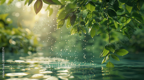 This vibrant image captures sunlight piercing through lush green leaves, creating a serene display of light and shadows on the gentle rippling water surface below.