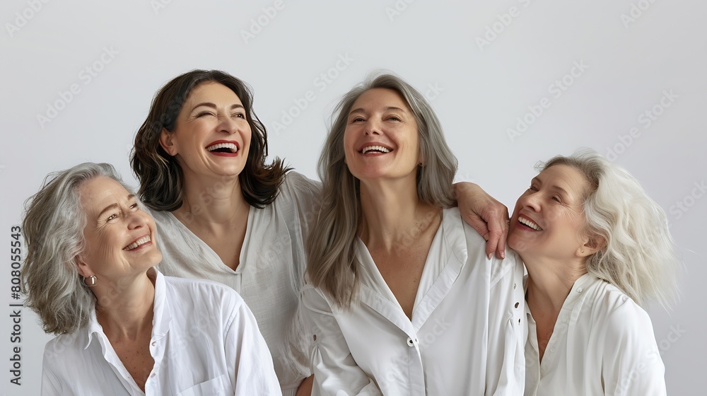 Female models of different ages celebrating their natural bodies in a studio Four confident and happy women smiling cheerfully while wearing white shirts against a white background : Generative AI Female models of different ages celebrating their natural bodies in a studio Four confident and happy women smiling cheerfully while wearing white shirts against a white background : Generative AI