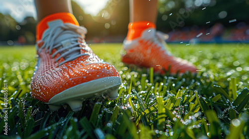 A pair of orange cleats are wet from the grass photo