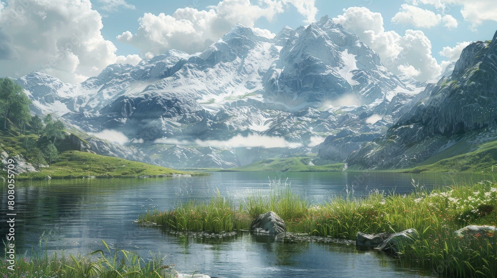 Fototapeta premium A beautiful landscape of a mountain valley with a lake in the foreground