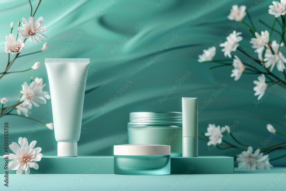 Serene turquoise backdrop showcasing unbranded skin care essentials in an elegant mockup Serene turquoise backdrop showcasing unbranded skin care essentials in an elegant mockup