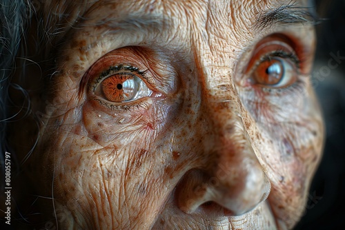 Close up of an old woman's face with an orange eye photo