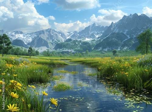 Alpine meadow in the mountains with a river flowing through it