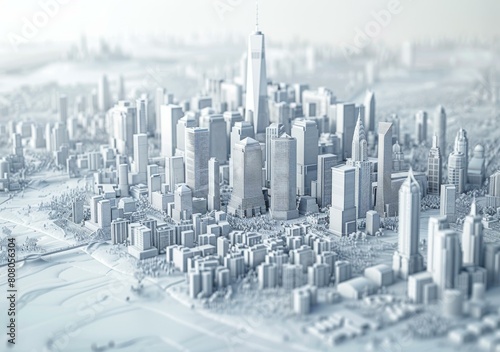 A 3D rendering of a city with skyscrapers and a river