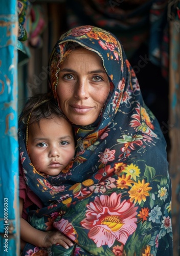 A mother and her child in a colorful headscarf photo