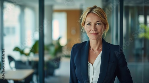 Portrait of a professional woman in a suit standing in a modern office Mature business woman looking at the camera in a workplace meeting area   Generative AI