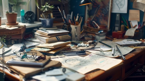 A cluttered desk with scattered stationery illustrated abstractly under soft  natural lighting. --ar 16 9 Job ID  2dc5f762-01cc-44c8-bb3b-191d6fc98e0a