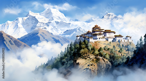 Create a watercolor background capturing the peacefulness of a monastery in the Himalayas photo