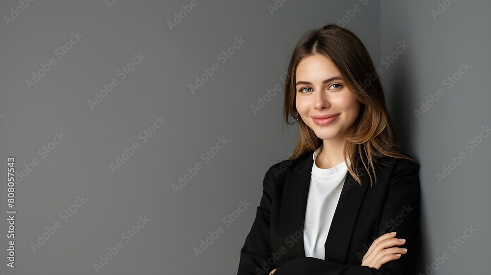 Image of happy young business woman posing isolated over grey wall background : Generative AI Image of happy young business woman posing isolated over grey wall background : Generative AI