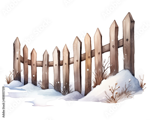 Watercolor rustic wooden fence with snowisolated on white background. © Nataliia Pyzhova